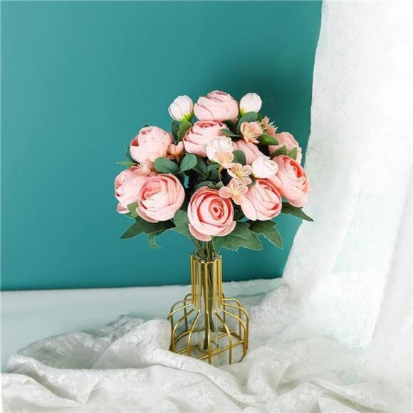 Artificial Flower Decor with Gold Vase Fake Peony Flowers (Champagne Pink) - Picture 12 of 12